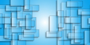 Soyut mavi ve beyaz Geometrik Şekiller Örtüsü. Beyaz ve açık mavi renklerde yarı saydam dikdörtgenlerin soyut arkaplanı. Üstüste binen yarı şeffaf lavanta kareli soyut geometrik tasarım