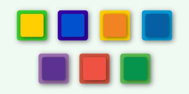 Düğme soyut geometrik şekil tasarımını ayarladı. Gölgeli ve yuvarlak köşeli renkli kare çerçeveler beyaz arkaplanda izole edilmiş boş bir makettir.