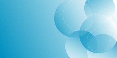 Çember geometrik ile soyut mavi arkaplan. Üstüste binen şeffaf turkuaz daireli soyut bir arka plan. Pankart, poster ve iş için bulanık beyaz arkaplan.