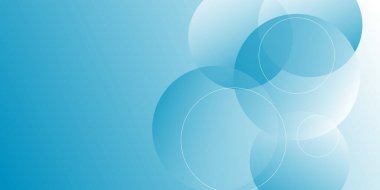 Çember geometrik ile soyut mavi arkaplan. Üstüste binen şeffaf turkuaz daireli soyut bir arka plan. Pankart, poster ve iş için bulanık beyaz arkaplan.