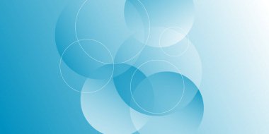 Çember geometrik ile soyut mavi arkaplan. Üstüste binen şeffaf turkuaz daireli soyut bir arka plan. Pankart, poster ve iş için bulanık beyaz arkaplan.