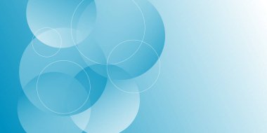 Çember geometrik ile soyut mavi arkaplan. Üstüste binen şeffaf turkuaz daireli soyut bir arka plan. Pankart, poster ve iş için bulanık beyaz arkaplan.