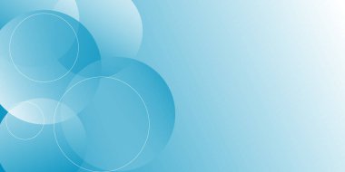 Çember geometrik ile soyut mavi arkaplan. Üstüste binen şeffaf turkuaz daireli soyut bir arka plan. Pankart, poster ve iş için bulanık beyaz arkaplan.