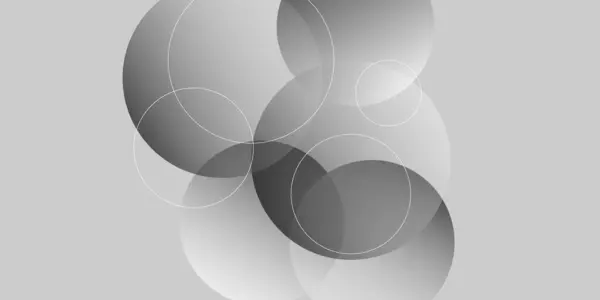 Çember geometrik ile soyut gri arkaplan. Üstüste binen şeffaf turkuaz daireli soyut bir arka plan. Pankart, poster ve iş için bulanık beyaz arkaplan.