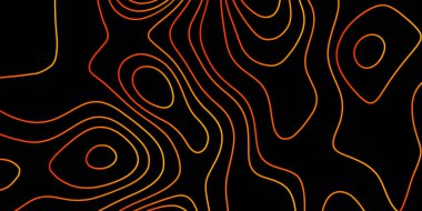 Topografik dalgalı, siyah arka planlı modern tasarım. Siyah zemin üzerinde kırmızı ve sarı soyut Topografik çizgi deseni. Contour yüksekliği topografik ve desenli arkaplan.