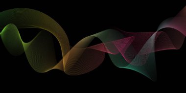 Siyah zemin üzerinde soyut eğri geometrik dalga çizgisi. Modern çoklu renk değişen dalga çizgileri. Arka planda teknoloji soyut dalga çizgileri var. Gelecekçi teknoloji konsepti. Vektör illüstrasyonu