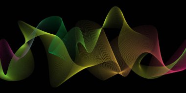 Siyah zemin üzerinde soyut eğri geometrik dalga çizgisi. Modern çoklu renk değişen dalga çizgileri. Arka planda teknoloji soyut dalga çizgileri var. Gelecekçi teknoloji konsepti. Vektör illüstrasyonu