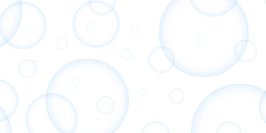 Renkli kabarcıklar. Soyut, şeffaf mavi ve havada yüzen sabun köpükleri. Vektör çizimi. Parlak toplar. Sabun köpükleri rastgele dizayn edilir. Yumuşak beyaz kağıt daireler.