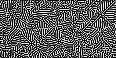 Reaksiyon-difüzyon ya da güven şablonu. Soyut güvenilir organik duvar kağıdı Turing reaksiyonu difüzyon monokromsuz düzensiz kaotik hareket. Üretken algoritma saykodelik arkaplan.