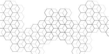 Çizgiler ve noktalarla dijital geometrik soyutlama. Geometrik soyut tasarım. Beyaz arka plan, siyah altıgen ızgara çizgisinin kusursuz deseni. Altıgen ile soyut arkaplan, modern soyut çokgen