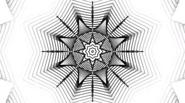 Sanatsal siyah beyaz mandala deseni, simetrik dekoratif çiçek kompozisyonu, elle çizilmiş zen sanatı, soyut kutsal geometri, büyüleyici denge tasarımı.