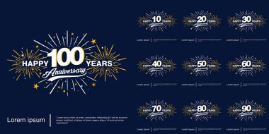100. yıl dönümü kutlama amblemi seti. Havai fişek, pırıltı, pırıltı ve yıldızlı yıldönümü logosu. Web için vektör illüstrasyon şablonu, el ilanları, poster, davetiye kartı, tebrik kartı