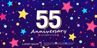 55. yıl dönümü kutlama amblemi. Yıldönümü logosu kurdeleyle izole edilmiş ve yıldızlar parıldıyor. Web, el ilanları, poster, davetiye kartı ve tebrik kartı için vektör illüstrasyon şablonu tasarımı