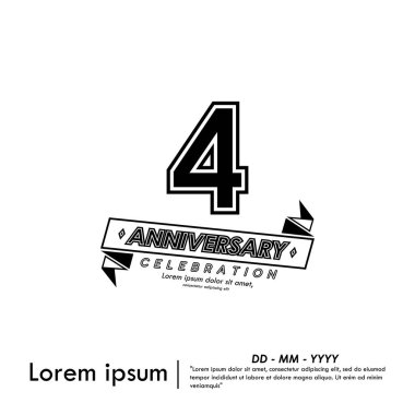 4. yıl dönümü kutlama amblemi. Beyaz arka planda şeritli siyah yıldönümü logosu. Web, el ilanları, poster ve tebrik kartı için vektör illüstrasyon şablonu tasarımı