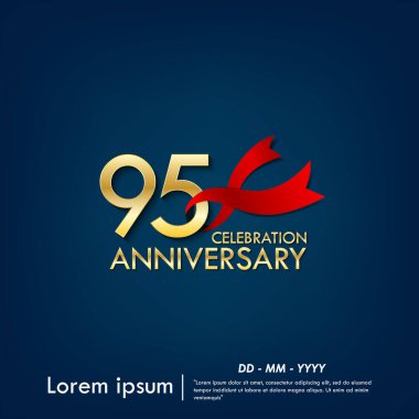 95th years anniversary celebration emblem. elegant golden anniversary logo isolated with red ribbon on dark blue background. vector illustration template design for web, flyers, poster, greeting card an invitation card clipart