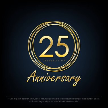 25th years anniversary celebration emblem. elegant golden anniversary logo isolated with rings on black background. vector illustration template design for web, flyers, poster, greeting card, invitation card clipart