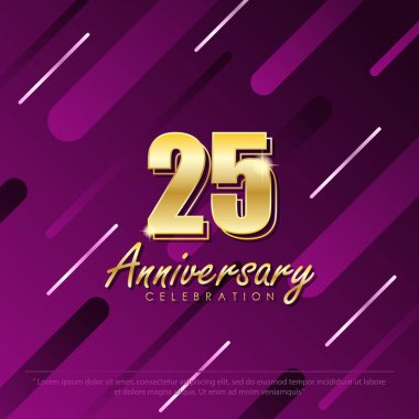 25th years anniversary celebration emblem. elegance golden anniversary logo isolated with rounded lines geometric shapes on purple background. vector illustration clipart