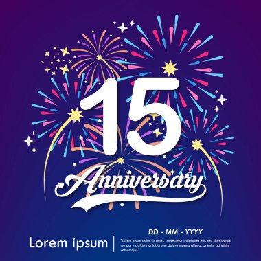 15th years anniversary celebration emblem. white anniversary logo isolated with colorful fireworks background. vector illustration template design for web, flyes, poster, greeting & invitation card clipart