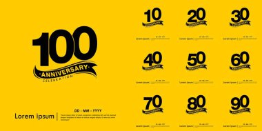 100. yıl dönümü kutlama amblemi seti. Sarı arka planda şeritli siyah logo. Web, el ilanları, poster, tebrik kartı ve davetiye kartı için vektör illüstrasyon şablonu tasarımı