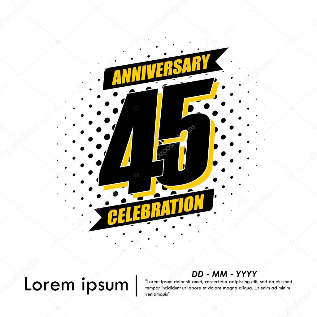 45th years anniversary celebration emblem. black anniversary logo isolated with ribbons on white background. vector illustration template design for web banner