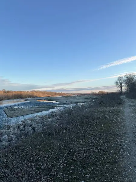 Kayalık bir nehir kıyısı ve kuru bir kış nehri yatağı boyunca dar bir patika var. Yapraksız ağaçlar ve yumuşak altın ışık geniş mavi gökyüzünün altında huzurlu bir doğal manzara yaratır.