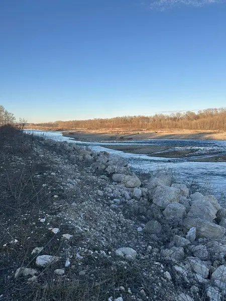 Kış bitkileriyle ve yapraksız ağaçlarla çevrili kayalık bir arazide dolambaçlı bir nehir akar. Yumuşak altın ışık, bulutsuz mavi gökyüzünün altında ormanı yıkar.