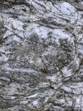 Farklı kuvars damarları ve mineral katmanlı bir kaya yüzeyinin detaylı makro fotoğrafı. Karmaşık desenler ve dokular doğal jeolojik oluşumları vurgular.