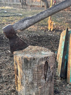 Yaşlı paslı balta bir kütüğe gömülmüş, kırsal bir yerde akşam vakti doğal ışıklarıyla yakalanmış.