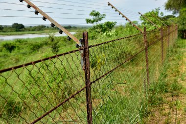 Konaklama yerindeki elektrikli tel örgü koruması Kruger Ulusal Parkı, Güney Afrika