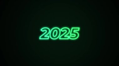 Yeni yıl 2025 siyah zemin üzerinde neon ışığı, 3 boyutlu görüntüleme.