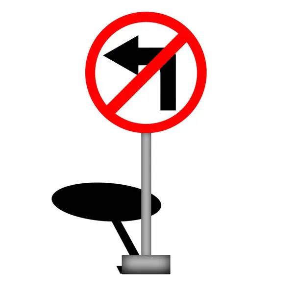 Trafik işaretinin resmi. Siyah gölgeli ve izole edilmiş beyaz arkaplan ile sola dönüş yok.