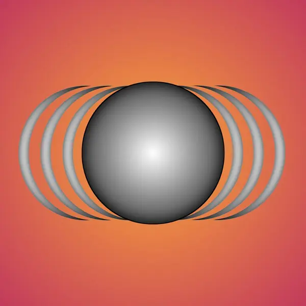 Çevresinde eşmerkezli halkalar olan, gradyan turuncu arkaplan şeklinde üç boyutlu bir küre. Küre görüntünün merkezinde ve metalik bir görüntüye sahip. Halkalar eşit aralıktadır ve boyutları gitgide küçülür.