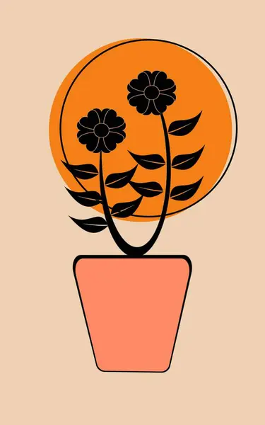 Turuncu bir oval tarafından çerçevelenmiş, mercan kabında şekillendirilmiş iki siyah çiçeğin grafik sanatı.