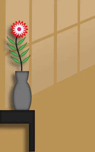 Bir vazodaki çiçeğin dijital bir çizimi, pencere ve duvara dayalı. Çiçeğin yeşil sapı ve yaprakları olan kırmızı ve beyaz yaprakları vardır. Vazo gri ve pencerenin bir ızgara deseni var.