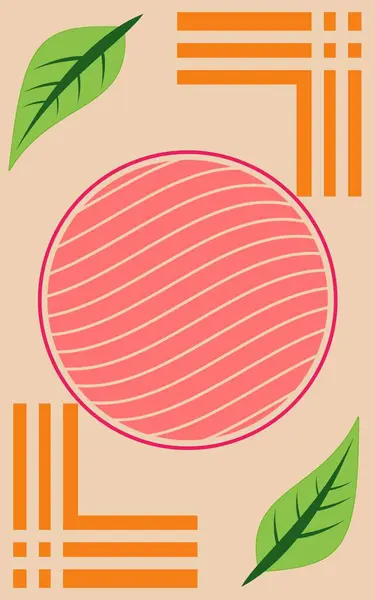 Turuncu şekiller ve bej arka planda yeşil yapraklarla çevrili pembe oval merkezli bir grafik.