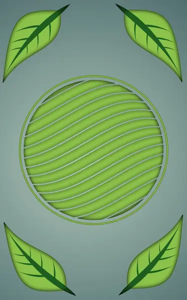 Dört stilize yeşil yapraklarla çevrili, çizgili soyut yeşil bir oval.