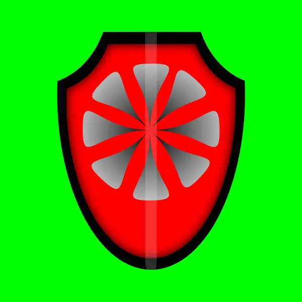 Yeşil arka planda gri, dairesel deseni olan kırmızı bir kalkan.