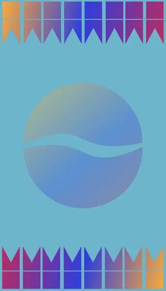 Dalgalı bir çizgiyle ikiye bölünmüş merkezi oval merkezli mavi bir gradyan. Turuncu, mor ve mavi renkli parlak üçgen bayraklar üst ve alt kenarları süslüyor.