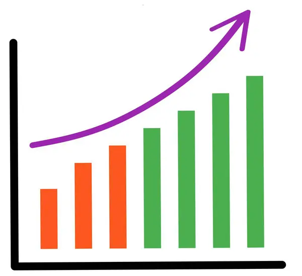 Artan çubuklar ve yükselen bir okla gösterilen yukarı doğru eğilimli bir büyüme tablosu