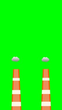 Yeşil arka planda dumanlı iki fabrika bacasının çizimi.