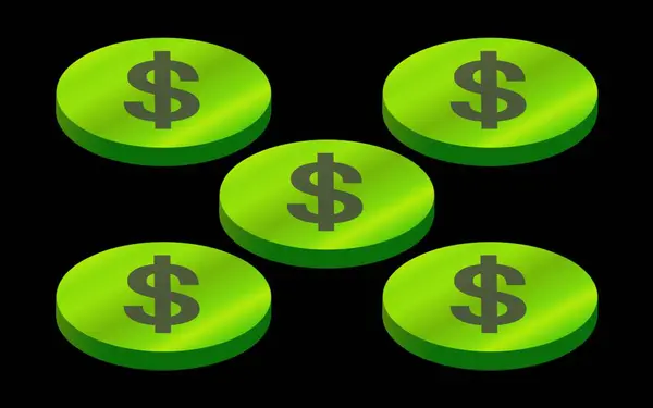 Siyah arka planda düzgünce yerleştirilmiş beş altın sikkenin bir çizimi