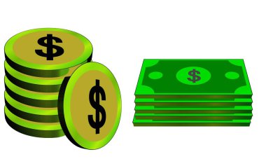 Bozuk paralar ve banknotlar beyaz arka plana karşı yan yana dizilir