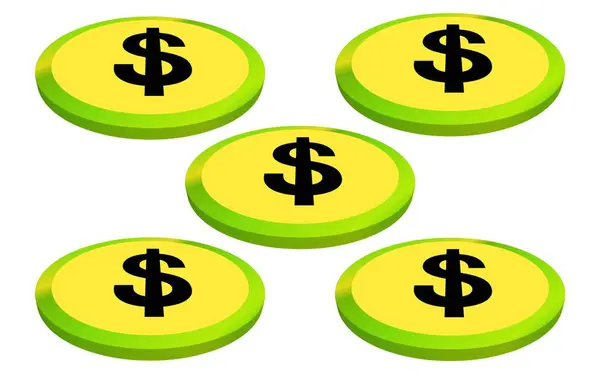 Beyaz arka planda beş bozuk para düzenli olarak sıralanır