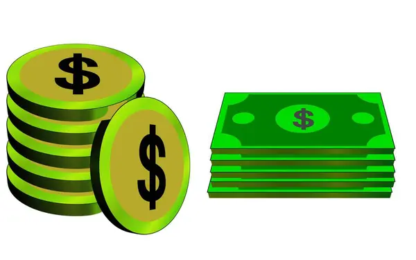 Bozuk paralar ve banknotlar beyaz arka plana karşı yan yana dizilir