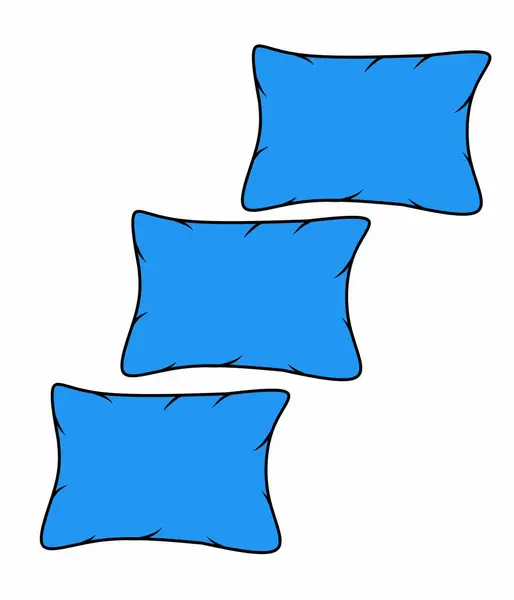 Çapraz dizilmiş üç mavi yastık, her biri siyah çizgili ve basit kırışıklık detayları yumuşak, kabarık bir görünüm için