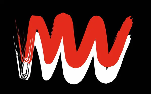 Siyah zemin üzerinde dalgalı bir M şeklinde koyu kırmızı ve beyaz fırça darbeleri, canlı ve soyut bir tasarım yaratır.