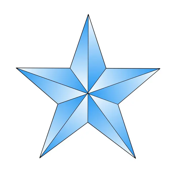 Gradyan dolgusu olan beş köşeli mavi bir yıldız, simetrik üçgen segmentlere bölünmüş, beyaz arka plan üzerinde üç boyutlu bir etki yaratıyor.