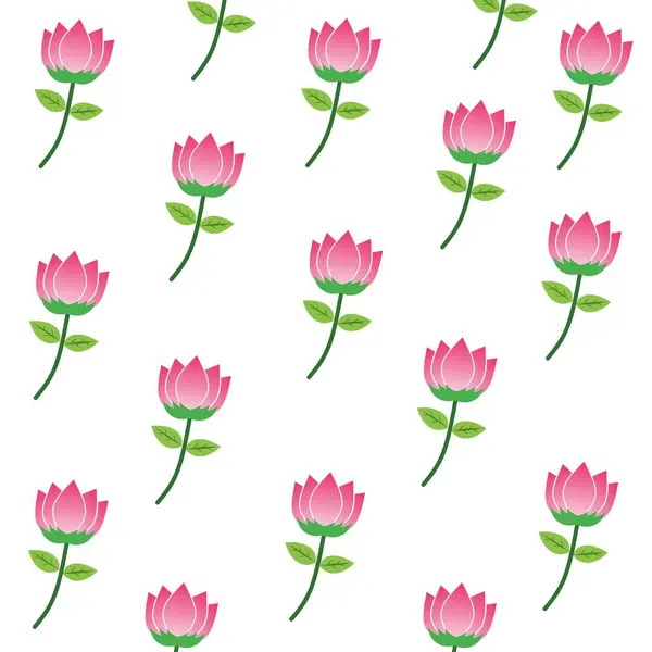 Yeşil saplı ve beyaz arkaplanda yapraklı sayısız pembe nilüfer çiçeğini içeren pürüzsüz bir desen.