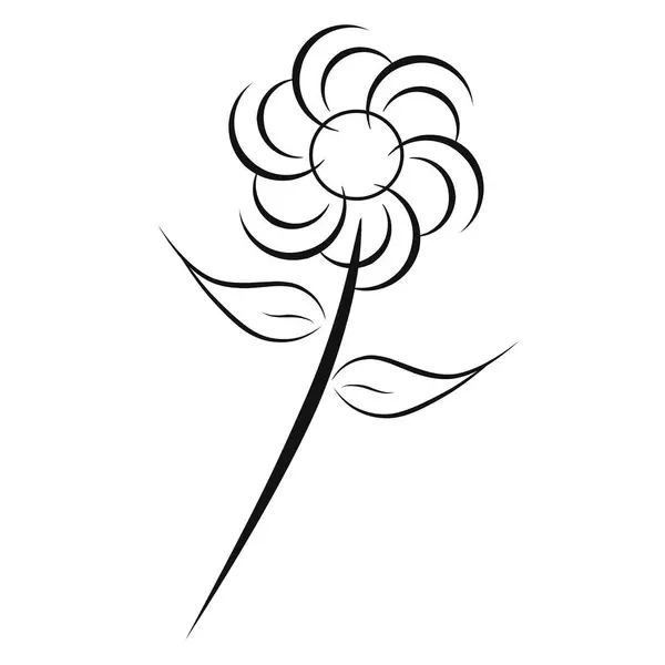Basit bir siyah çizgi sanatı, kıvrımlı yaprakları olan bir çiçek, iki sivri yaprak, ve beyaz arka planda ince bir gövde.