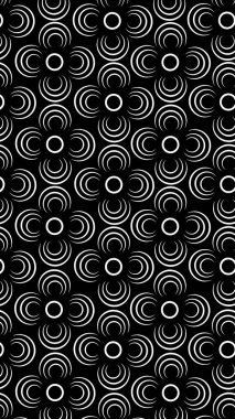 Simetrik, geometrik ve modern tasarım şeklinde çiçek şekilleri oluşturan eşmerkezli yay içeren kusursuz siyah ve beyaz desenler.